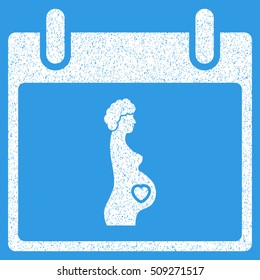 Pregnant Woman Calendar Day grainy textured icon for overlay watermark stamps. Flat symbol with unclean texture. Dotted vector white ink rubber seal stamp with grunge design on a blue background.