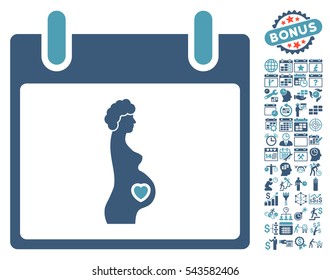 Pregnant Woman Calendar Day icon with bonus calendar and time management graphic icons. Vector illustration style is flat iconic symbols, cyan and blue, white background.