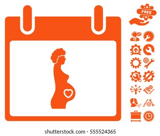 Pregnant Woman Calendar Day icon with bonus service graphic icons. Vector illustration style is flat iconic symbols, orange, white background.