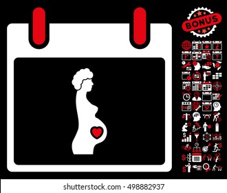 Pregnant Woman Calendar Day pictograph with bonus calendar and time management pictures. Vector illustration style is flat iconic symbols, red and white, black background.