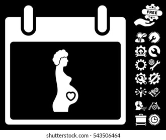 Pregnant Woman Calendar Day pictograph with bonus configuration pictograph collection. Vector illustration style is flat iconic symbols, white, black background.