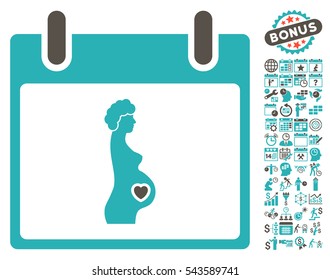 Pregnant Woman Calendar Day pictograph with bonus calendar and time management images. Vector illustration style is flat iconic symbols, grey and cyan, white background.
