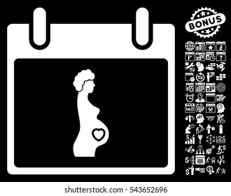 Pregnant Woman Calendar Day pictograph with bonus calendar and time management images. Vector illustration style is flat iconic symbols, white, black background.