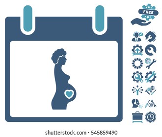 Pregnant Woman Calendar Day pictograph with bonus service pictures. Vector illustration style is flat iconic symbols, cyan and blue, white background.