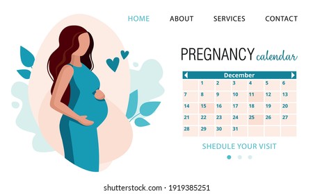 Pregnant woman and calendar. Notes the intake of vitamins.