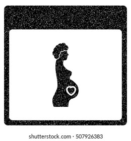 Pregnant Woman Calendar Page grainy textured icon for overlay watermark stamps. Flat symbol with unclean texture. Dotted vector black ink rubber seal stamp with grunge design on a white background.