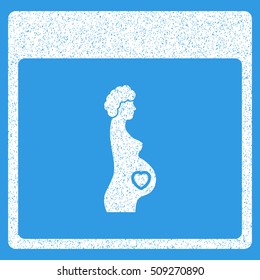 Pregnant Woman Calendar Page grainy textured icon for overlay watermark stamps. Flat symbol with dirty texture. Dotted vector white ink rubber seal stamp with grunge design on a blue background.