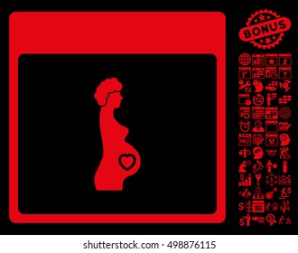 Pregnant Woman Calendar Page icon with bonus calendar and time management design elements. Vector illustration style is flat iconic symbols, red, black background.