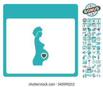 Pregnant Woman Calendar Page icon with bonus calendar and time management clip art. Vector illustration style is flat iconic symbols, grey and cyan, white background.