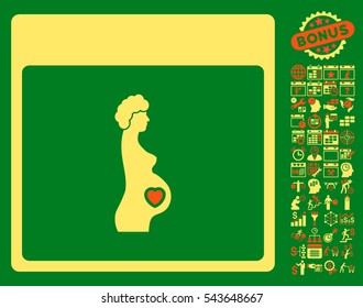 Pregnant Woman Calendar Page icon with bonus calendar and time management symbols. Vector illustration style is flat iconic symbols, orange and yellow, green background.