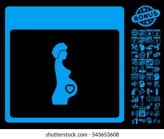 Pregnant Woman Calendar Page icon with bonus calendar and time management design elements. Vector illustration style is flat iconic symbols, blue, black background.