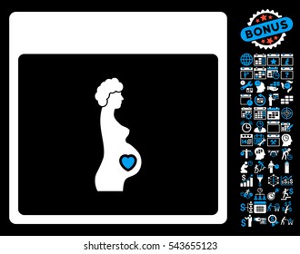 Pregnant Woman Calendar Page icon with bonus calendar and time management pictures. Vector illustration style is flat iconic symbols, blue and white, black background.