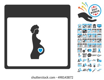 Pregnant Woman Calendar Page pictograph with bonus calendar and time management icon set. Vector illustration style is flat iconic symbols, blue and gray colors, white background.