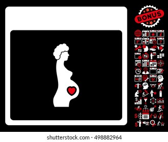 Pregnant Woman Calendar Page pictograph with bonus calendar and time management design elements. Vector illustration style is flat iconic symbols, red and white, black background.