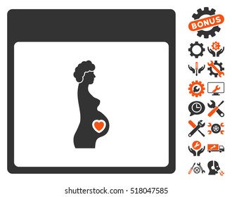 Pregnant Woman Calendar Page pictograph with bonus configuration pictograph collection. Vector illustration style is flat iconic symbols, orange and gray, white background.