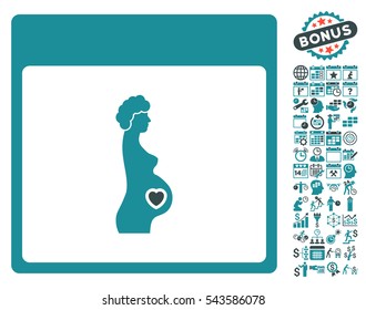 Pregnant Woman Calendar Page pictograph with bonus calendar and time management icon set. Vector illustration style is flat iconic symbols, soft blue, white background.