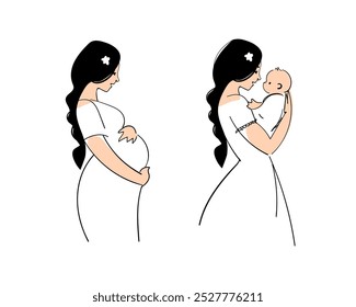 Pregnant woman card, mother with child, motherhood illustration set. Hand drawn line illustration for mother s day. Vector isolated on white background.