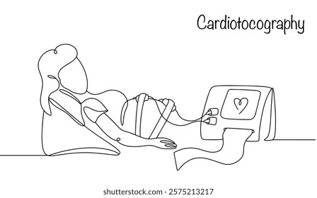 Pregnant woman with cardiotocography sensors on her stomach. Monitoring fetal heart rate and uterine condition in pregnant women. Vector illustration on the theme of pregnancy and motherhood. Vector.