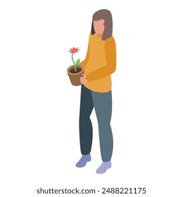 Pregnant woman is carefully holding a flower pot with a single flower, symbolizing the beauty of motherhood and the anticipation of a new beginning