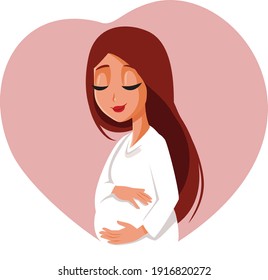 Pregnant Woman Caressing Belly Vector Illustration. Happy mother to be feeling the baby moving and kicking
