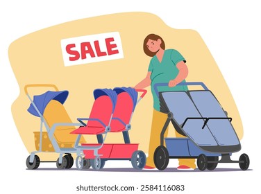 Pregnant woman cartoon character choosing perambulator for twins enjoying shopping routine with retail sale discount on weekend. Expectant parent making purchases at baby shop vector illustration