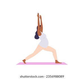 Pregnant woman cartoon character doing yoga standing in warrior asana position isolated on white