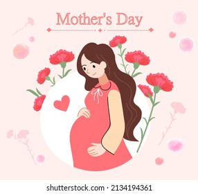 Pregnant woman, cartoon character in flat style. Beauty waiting for baby. Mother's Day card full of flowers