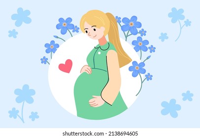 Pregnant woman, cartoon character in flat style. Beauty waiting for baby. Mother's Day card full of flowers