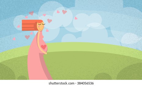 Pregnant Woman Cartoon Mother New Life Banner Copy Space over Green Nature Background Vector Illustration