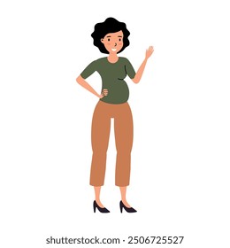 Pregnant woman in casual outfit happily waving while standing in a minimalist setting