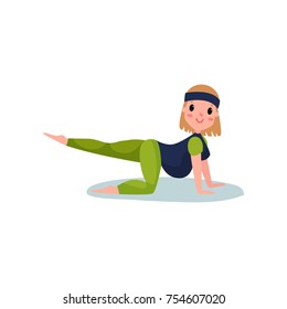 Pregnant woman character doing exercise, cat-cow pose with raised leg up. Yoga for pregnant, physical activity. Fitness and health care. Expectant mother. Pregnancy time. Motherhood. Flat vector.