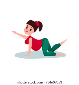 Pregnant woman character doing exercise, cat-cow pose with raised leg and hand up. Yoga training for healthy pregnancy, physical activity and health care. Expectant mother. Pregnancy time. Flat vector