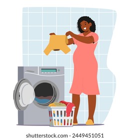 Pregnant Woman Character Loads Clothes Into Washing Machine, Managing Her Laundry Chores Efficiently With Precision And Care, Ensuring Cleanliness And Organization. Cartoon People Vector Illustration