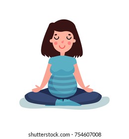 Pregnant woman character meditating in lotus pose. Yoga for future mom. Cheerful female expecting baby. Beautiful expectant mother relaxing. Pregnancy time. Motherhood. Flat vector illustration.