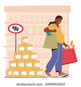 Pregnant Woman Character Navigates The Aisles, Carefully Selecting Nutritious Foods For Herself And Her Baby, Her Bag Filled With Fresh Produce And Essential Items. Cartoon People Vector Illustration