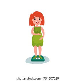 Pregnant woman character standing on weighing scales. Healthy lifestyle during pregnancy. Cheerful female expecting baby. Happy future mom. Beautiful expectant mother. Motherhood. Flat vector.