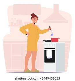 Pregnant Woman Character Stands By The Stove, Stirring A Pot Of Nourishing Meal While The Aroma Of Spices Fills The Kitchen, Creating A Cozy Atmosphere at Home. Cartoon People Vector Illustration