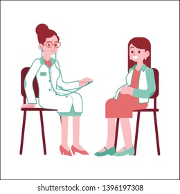 Pregnant Woman At Checkup With Doctor In Flat Vector Illustration - Isolated Young Future Mother With Big Tummy Sitting At Chair At Doctors Office And Consulting With Medical Specialist.