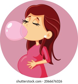 Pregnant Woman Chewing Bubble Gum Vector Cartoon. Young mother to be fighting pregnancy sugar cravings with sweet chewing gum
