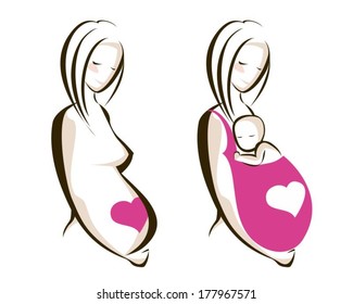 Pregnant woman and a woman with a child, set izibrazheny with pink color,  vector symbol