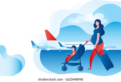 Pregnant woman with child and suitcases at the airport. Vector illustration on the theme of travel with the baby and during pregnancy.