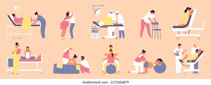 Pregnant woman and childbirth delivery flat icons set isolated vector illustration