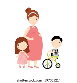 Pregnant woman with children. Cartoon characters. Mother, daughter, son. The boy is on a bicycle.  family