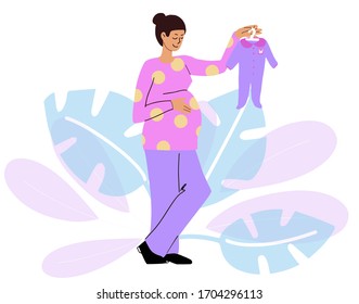 Pregnant woman chooses chooses for baby. Shopping before birth. Flat design vector illustration line style.