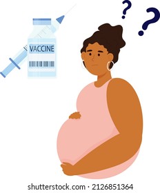 A pregnant woman chooses between a coronavirus vaccine and not getting vaccinated. Vector illustration of thinking about the new COVID-19 coronavirus vaccine