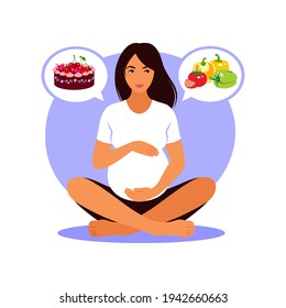 Pregnant woman chooses between healthy food or fast food. Vector flat illustration