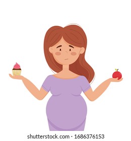 Pregnant woman chooses between sweet and apple. healthy food or fast food.cartoon flat illustration