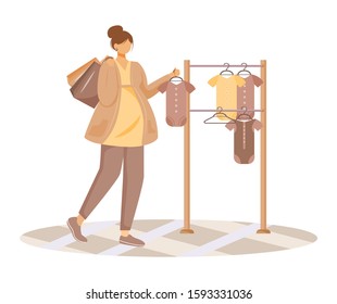 Pregnant woman choosing baby clothes flat vector illustration. Preparation to maternity. Young caucasian girl on prenatal shopping cartoon character on white background