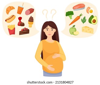 Pregnant woman choosing between healthy and unhealthy food. Fastfood vs balanced menu. Eating during pregnancy. Concept vector illustration 