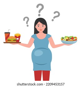 Pregnant woman choosing between healthy and unhealthy food in flat design on white background.